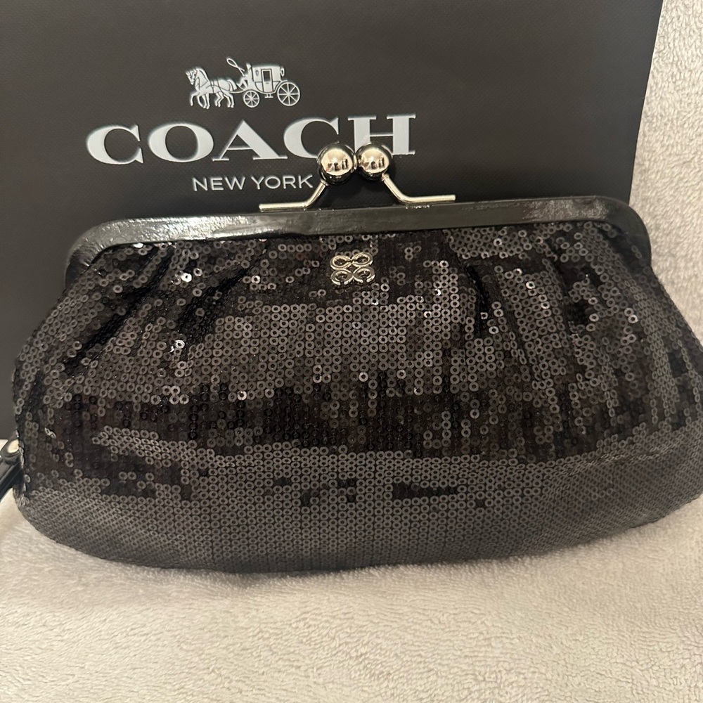 Coach Black Sequin Clutch with patent trim